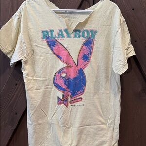 PLAYBOY Cream Tee with Pink and Blue Graphic